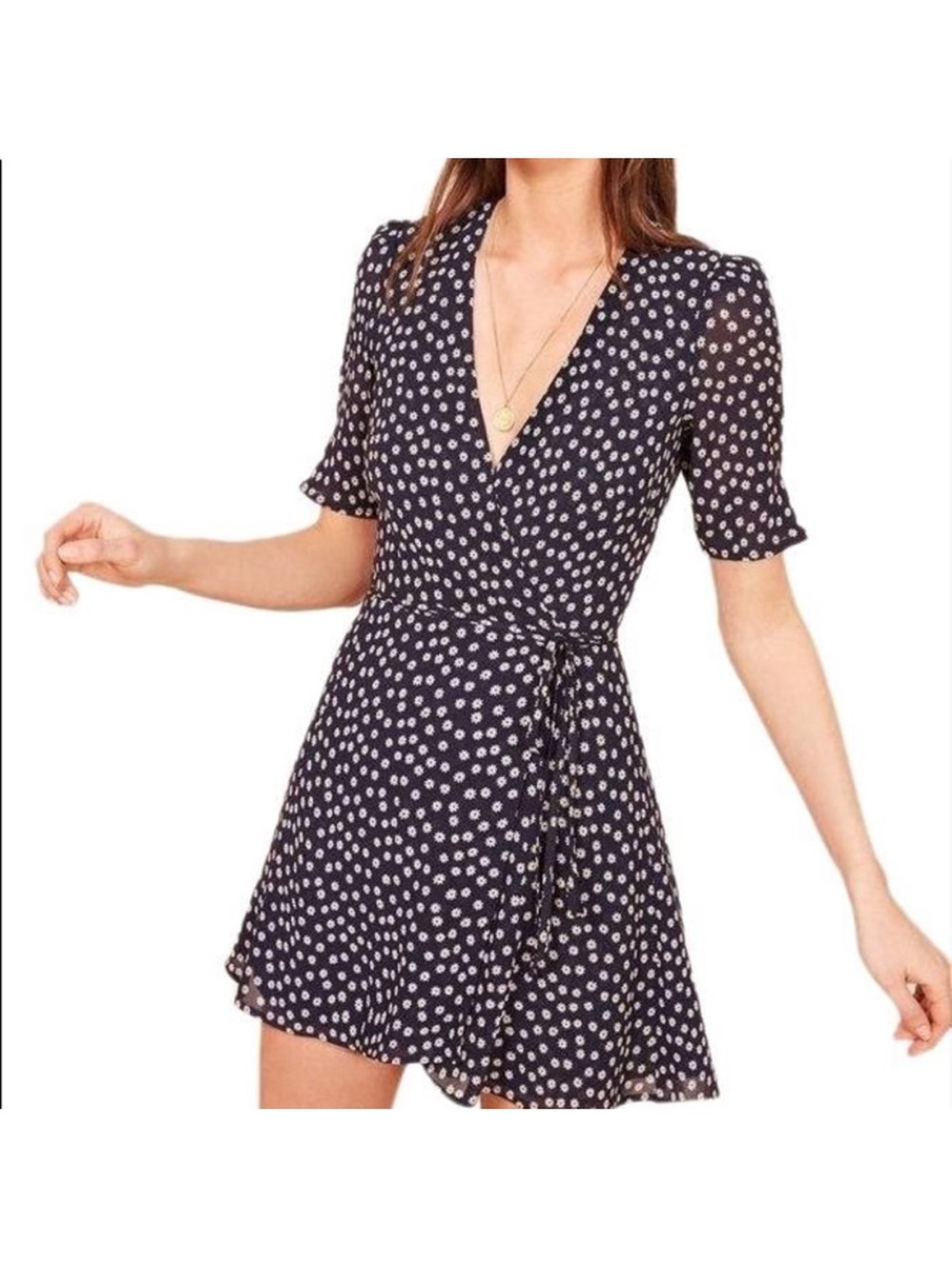 Reformation Navy and White floral Polka Dot Wrap Mini Dress